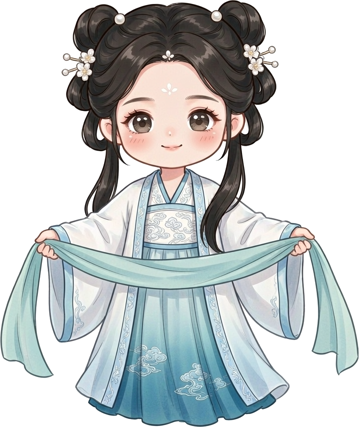 Q 版小鱼身着汉服，拉起横幅